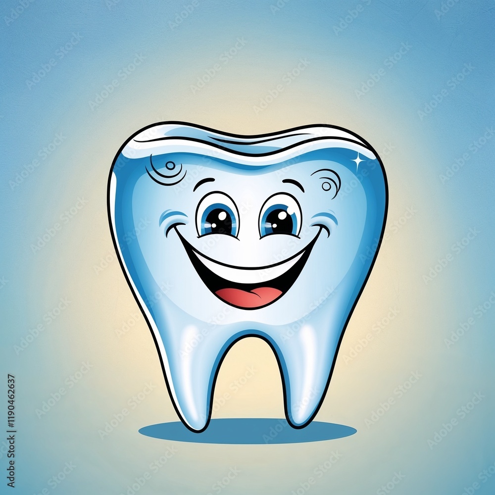 Cartoon cheerful smiling tooth character with water effect in a dental care background Cartoon cheerful smiling tooth character with water effect in a dental care background