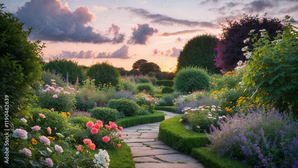 Fototapeta premium Well-maintained summer garden at dusk with blooming flowers and lush greenery