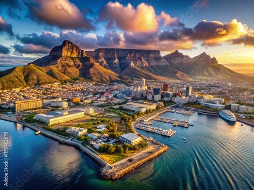 Aerial View of Cape Town's Waterfront, Table Mountain & Harbour, South Africa