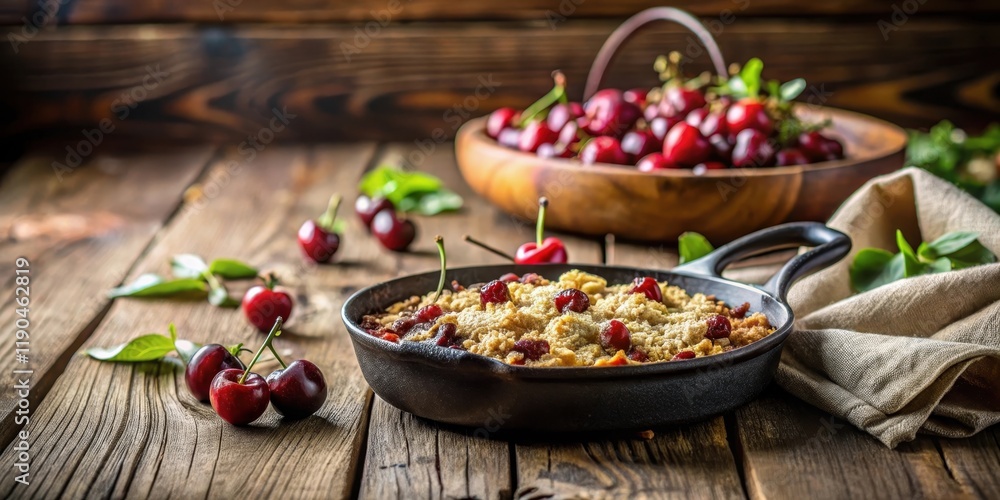 Rustic Cherry Crumble in Cast Iron Skillet, Fresh Berries and Sweet Topping on Wooden Table Rustic Cherry Crumble in Cast Iron Skillet, Fresh Berries and Sweet Topping on Wooden Table