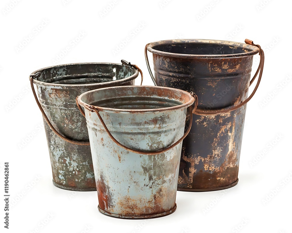Industrial-style metal buckets with rustic finishes, isolated on a white backdrop Industrial-style metal buckets with rustic finishes, isolated on a white backdrop