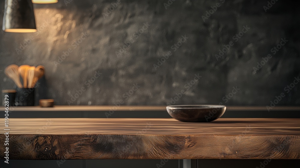 Rustic kitchen countertop with wooden utensils and dark background illuminating cooking space Rustic kitchen countertop with wooden utensils and dark background illuminating cooking space