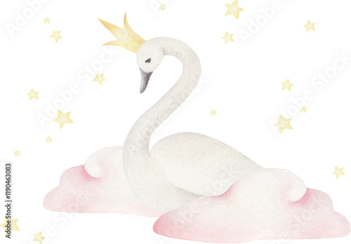 Watercolor vector composition of swan Princess. Cartoon swan with crown and cloud.