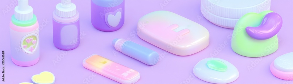 Pastel beauty products, flatlay, skincare routine, lilac background, website banner Pastel beauty products, flatlay, skincare routine, lilac background, website banner
