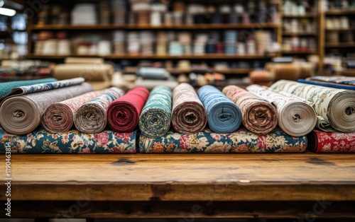 Vibrant fabric rolls neatly arranged on a rustic wooden table, showcasing a delightful array of colors and patterns. A textile lover's dream!