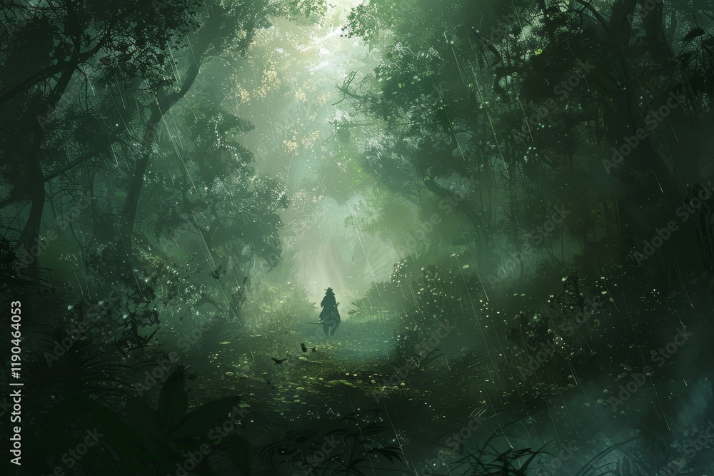 A solitary figure walks through a dense, misty forest, A lone figure stalking through a dense forest, bow at the ready A solitary figure walks through a dense, misty forest, A lone figure stalking through a dense forest, bow at the ready