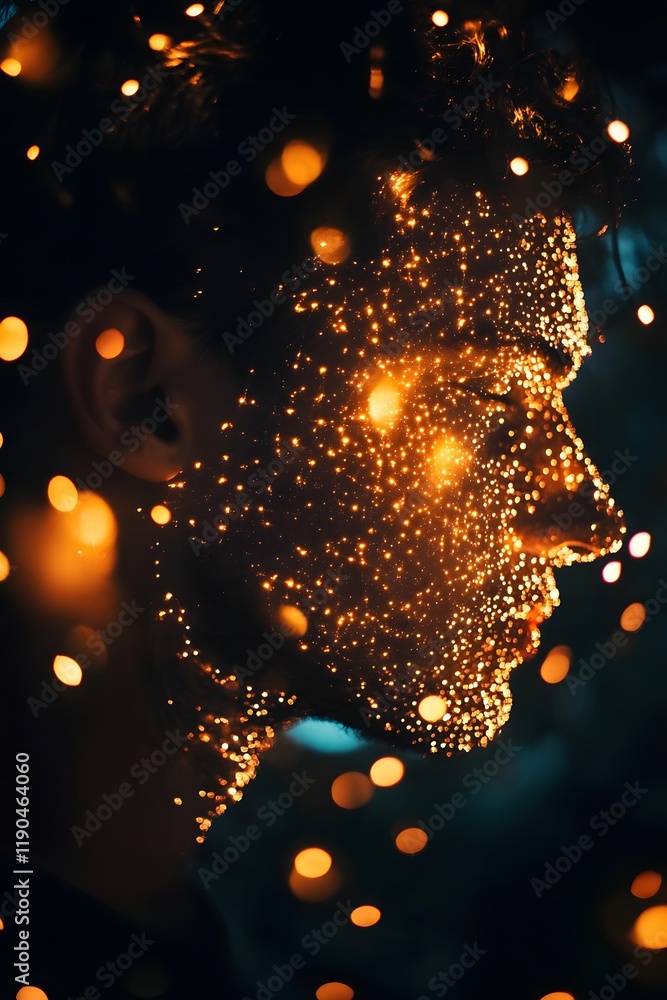 Obraz premium Glowing Man Sparkles Abstract Portrait Night Lights