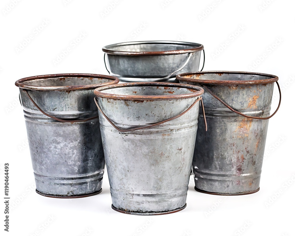 Industrial-style metal buckets with rustic finishes, isolated on a white backdrop Industrial-style metal buckets with rustic finishes, isolated on a white backdrop