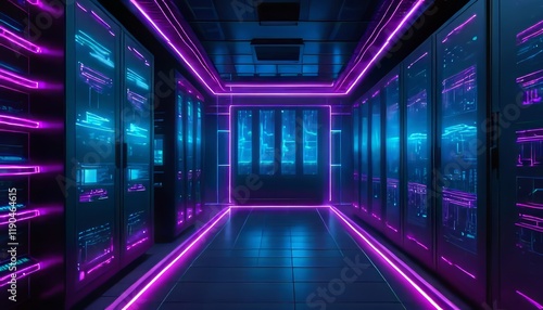 Futuristic Server Room with Neon Lighting and Digital Overlay