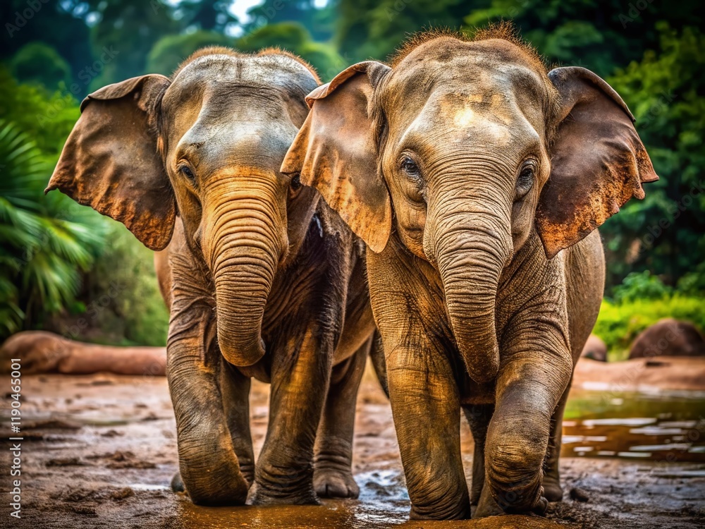 Fototapeta premium Adorable Muddy Elephant Duo at the Zoo: Close-Up Macro Photography