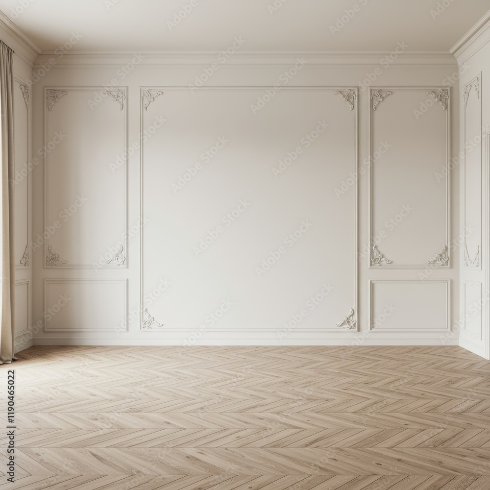 Fototapeta premium Empty elegant room, white ornate wall paneling, herringbone wood floor, large arched window, natural light, minimalist interior design, classic architectural details, spacious, bright, neutral color p