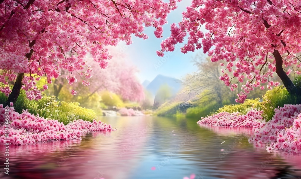 A picturesque river surrounded by vibrant pink cherry blossoms and lush greenery under bright spring sunlight, Generative Ai A picturesque river surrounded by vibrant pink cherry blossoms and lush greenery under bright spring sunlight, Generative Ai