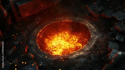 Close-up of heated glowing metal in a forge, illustrating traditional blacksmith techniques.  photo