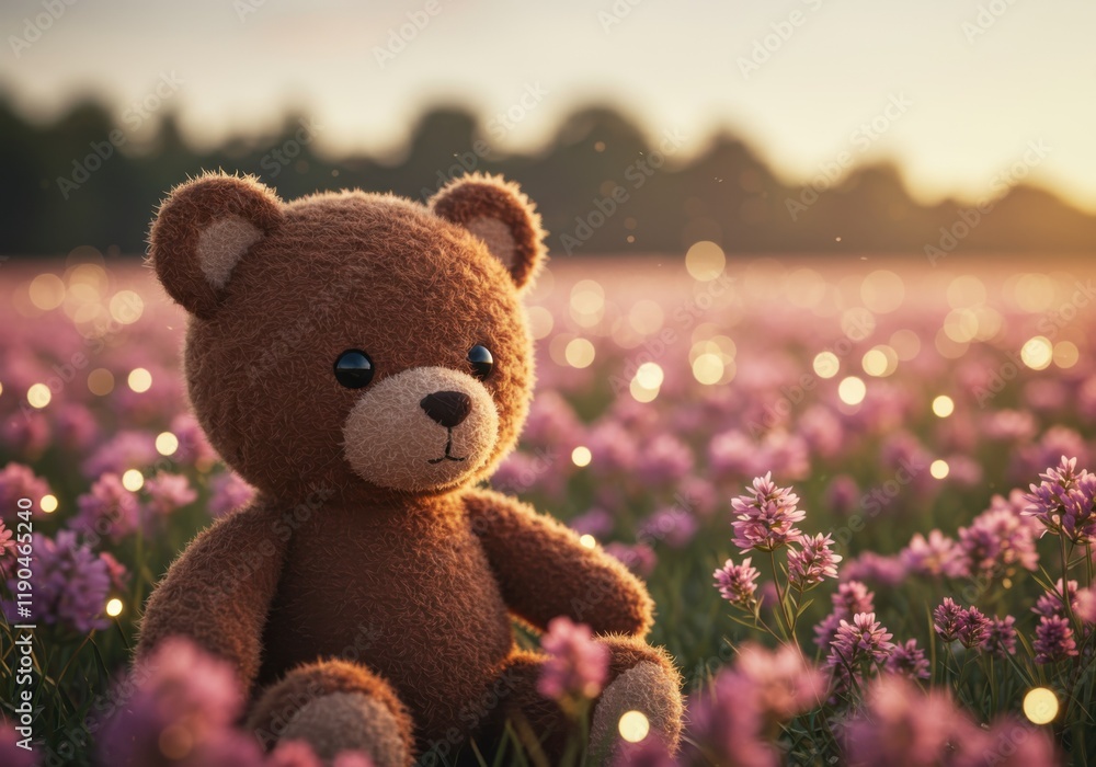 Fototapeta premium Teddy bear, flower field, sunset, pink wildflowers, golden hour, bokeh lights, soft focus, dreamy atmosphere, plush toy, childhood nostalgia, warm tones, nature photography, shallow depth of field, ro