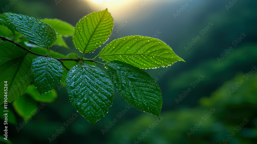 Dew-Kissed Leaves in Morning Sunlight: A Close-Up Nature Image Dew-Kissed Leaves in Morning Sunlight: A Close-Up Nature Image
