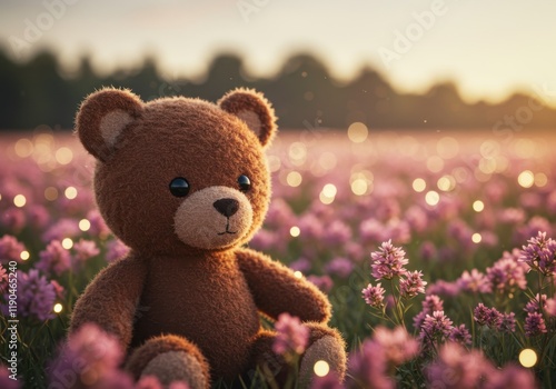 Teddy bear, flower field, sunset, pink wildflowers, golden hour, bokeh lights, soft focus, dreamy atmosphere, plush toy, childhood nostalgia, warm tones, nature photography, shallow depth of field, ro