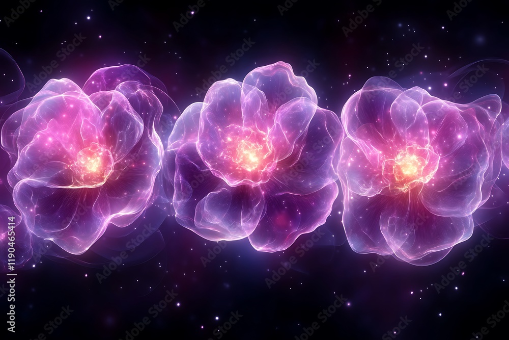 Three Luminous Flowers Glowing in Dark Space Three Luminous Flowers Glowing in Dark Space