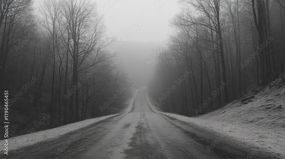 Obraz premium Misty Mountain Road: A Monochromatic Winter Scene