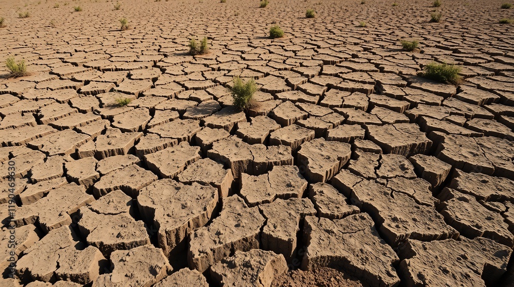 Dried and cracked earth terrain representing arid conditions caused by extreme drought Dried and cracked earth terrain representing arid conditions caused by extreme drought
