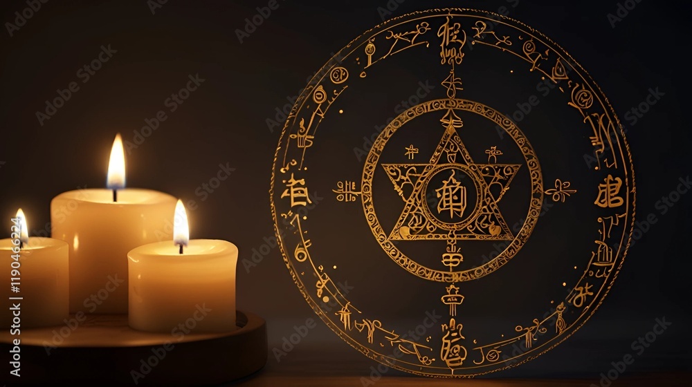 Elegant Candle with Glowing Religious Symbols in a Circle-World Religion Day Elegant Candle with Glowing Religious Symbols in a Circle-World Religion Day