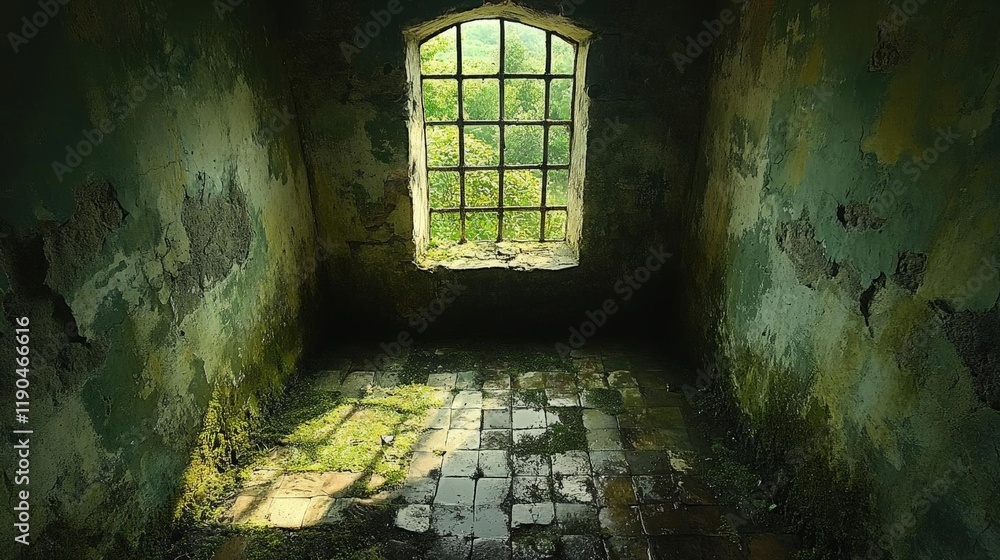 Sunlit Overgrown Room in an Abandoned Building Sunlit Overgrown Room in an Abandoned Building