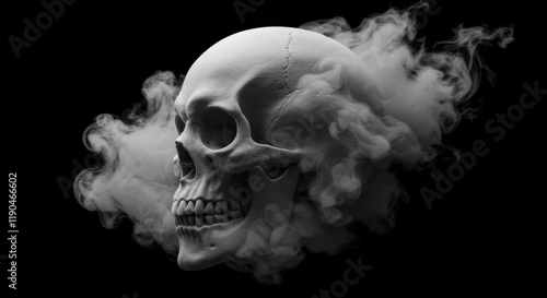 Hyper-realistic skull, wisps of smoke, ethereal vapor, black background, high contrast, dramatic lighting, side profile, monochromatic, eerie atmosphere, detailed bone structure, dark gothic aesthetic