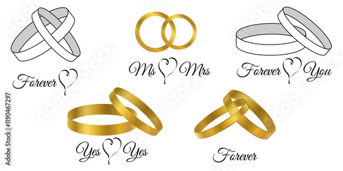 Wedding rings pair set in white and gray colors, gold gradient. Lettering forever love you, Mrs and Ms, hand drawn hearts. Isolated on white background. Wedding symbols. Wedding clip art elements.