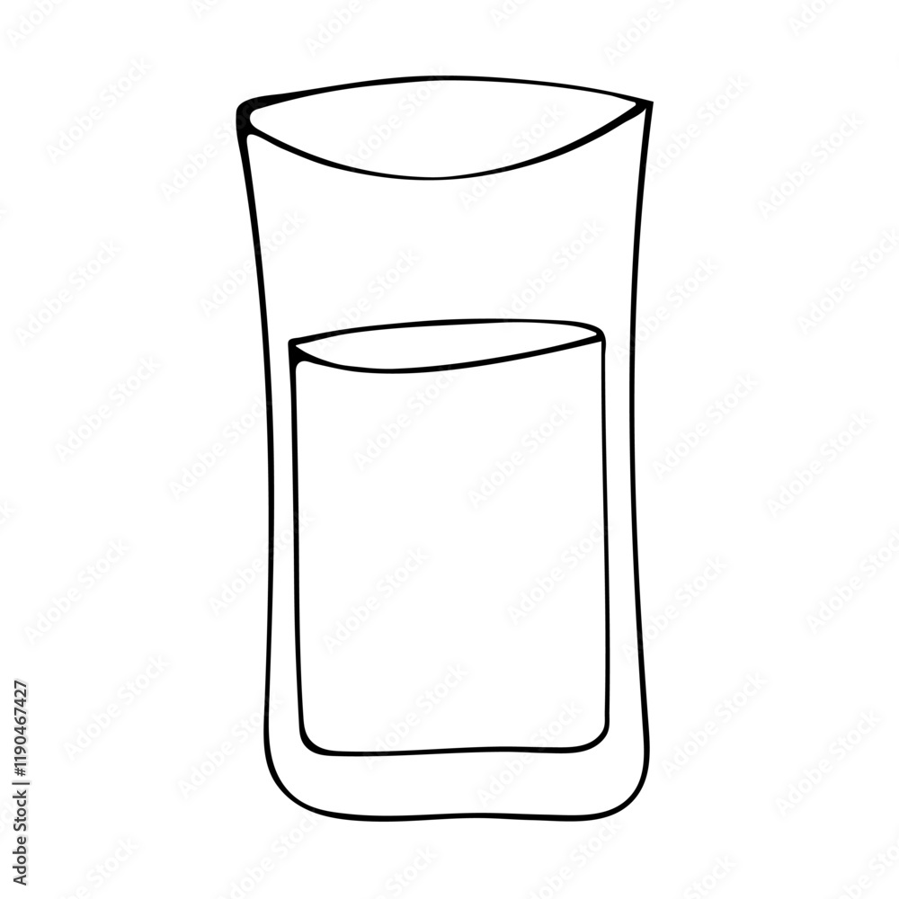 Tall thin glass of water. Table setting. Transparent glass for juice, drinks in outline doodle style without filling. Hand drawing black line vector illustration isolated on white back. Party drink.