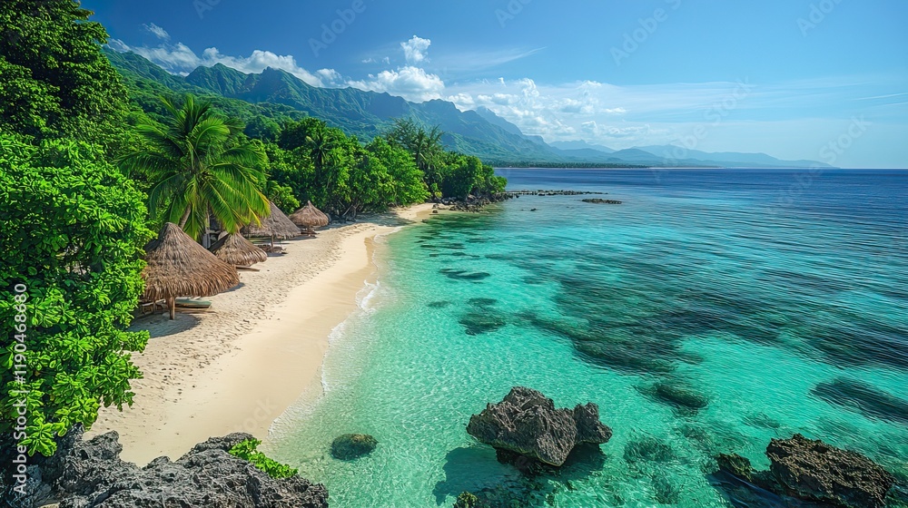 Obraz premium An exotic island paradise beckons with white sandy beaches, clear blue waters, and swaying palm trees