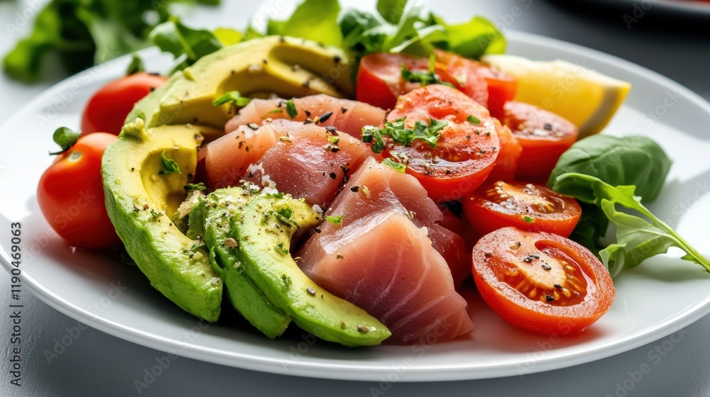 Plate of fresh food featuring tomatoes and avocados in a vibrant presentation on a wooden table Plate of fresh food featuring tomatoes and avocados in a vibrant presentation on a wooden table