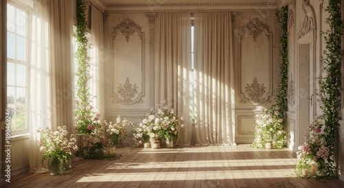 Wallpaper Mural Luxurious interior, classical architecture, ornate columns, marble floor, elegant drapes, soft natural lighting, sunbeams streaming through windows, potted plants, lush greenery, romantic atmosphere,  Torontodigital.ca