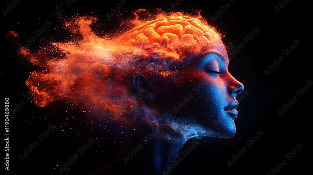 An explosion of colors in the shape of a head with a brain, representing creativity on a black background An explosion of colors in the shape of a head with a brain, representing creativity on a black background