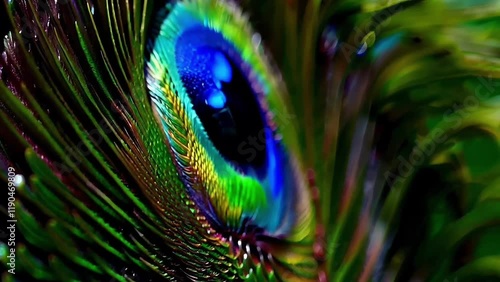Close-up shot of peacock feather with vibrant color display, symbol of beauty and grace, suitable for nature-themed presentations or artistic posters.