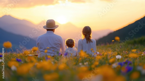 Romantic Couple Sitting Together in Vibrant Flower Field Surrounded by Nature's Beauty Under a Clear Blue Sky on a Sunny Day photo