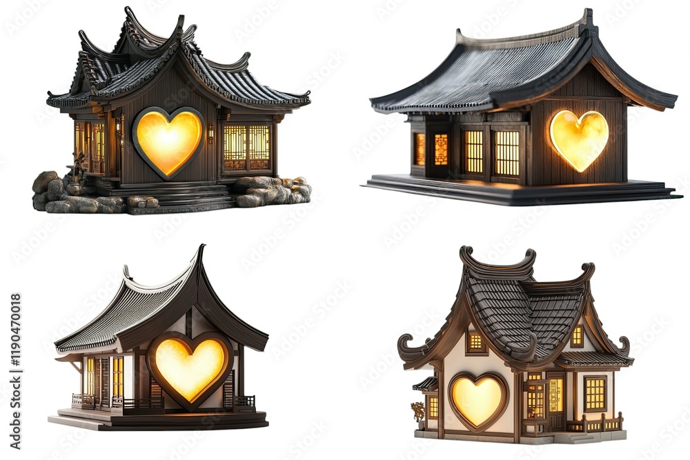 Illuminated Asian Style Houses With Heart Shaped Windows Illuminated Asian Style Houses With Heart Shaped Windows