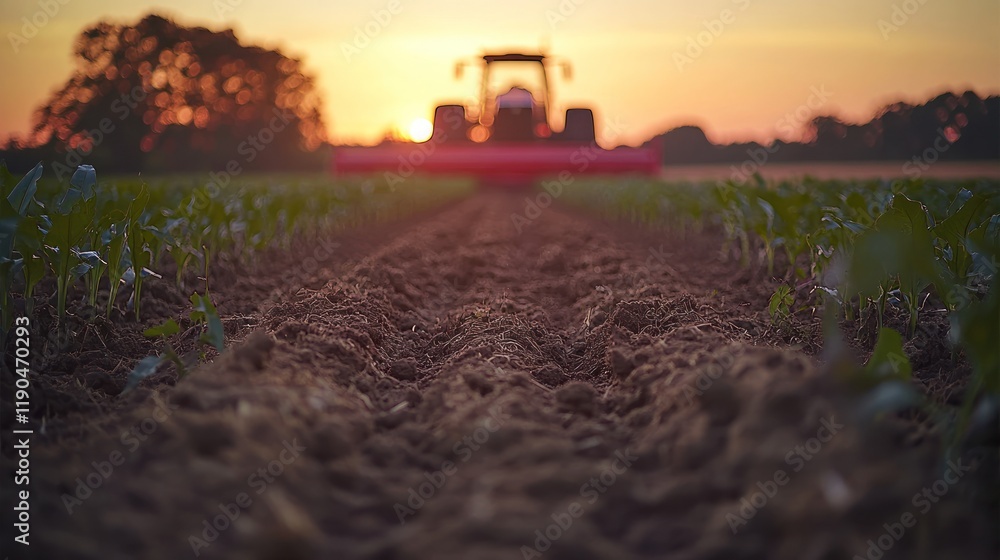Fototapeta premium Tractor cultivating field at sunset. (1)