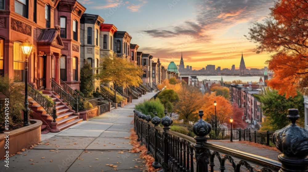 Fototapeta premium Beautiful autumn sunset over historic brownstone houses in a charming neighborhood by the river