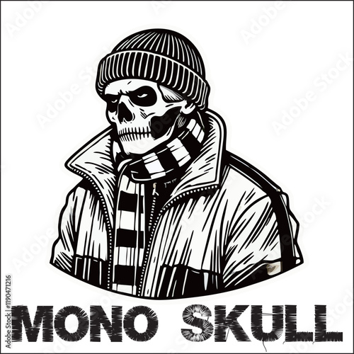 Black White illustration vector graphic of Football fans ultras hooligan wear white scarf design for logo, t-shirt, etc