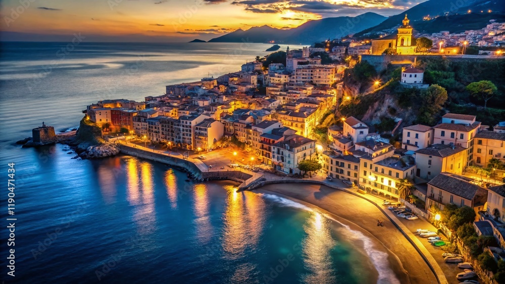 Fototapeta premium Aerial Night View of Italian Coastal City, Drone Photography, Illuminated Beach, Mediterranean Sea, Romantic Seaside Town