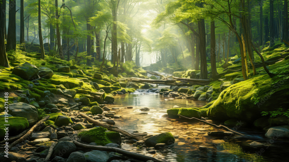 Fototapeta premium Lush green forest with a sparkling stream and sun rays filtering through the trees in a serene natural setting during early morning hours