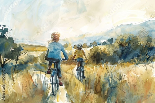 Watercolor painting of two people riding bikes on a path through a scenic landscape, Sketch a moment of a family bike ride through a scenic trail
