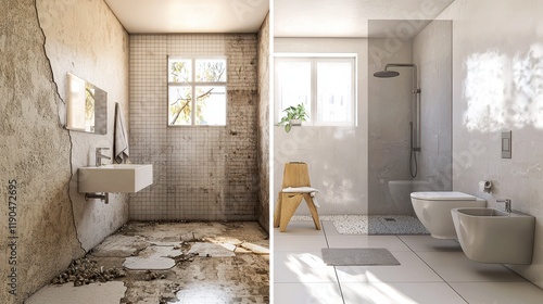 Before-and-after bathroom renovation showing outdated vs. modern bathroom design with sleek decor..