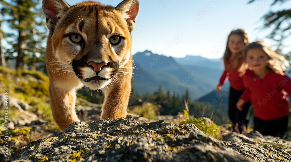 A close-up of a mountain lion approaching while two children play in the background