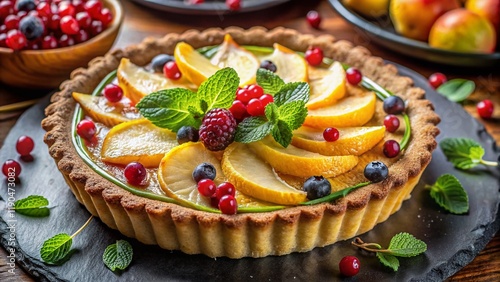 Aerial View: Elegant Pear Tart with Shortbread, Lemon, Mint & Berries