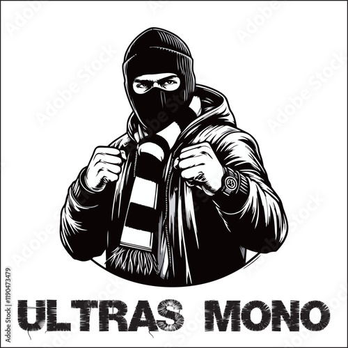 Black White illustration vector graphic of Football fans ultras hooligan wear white scarf design for logo, t-shirt, etc