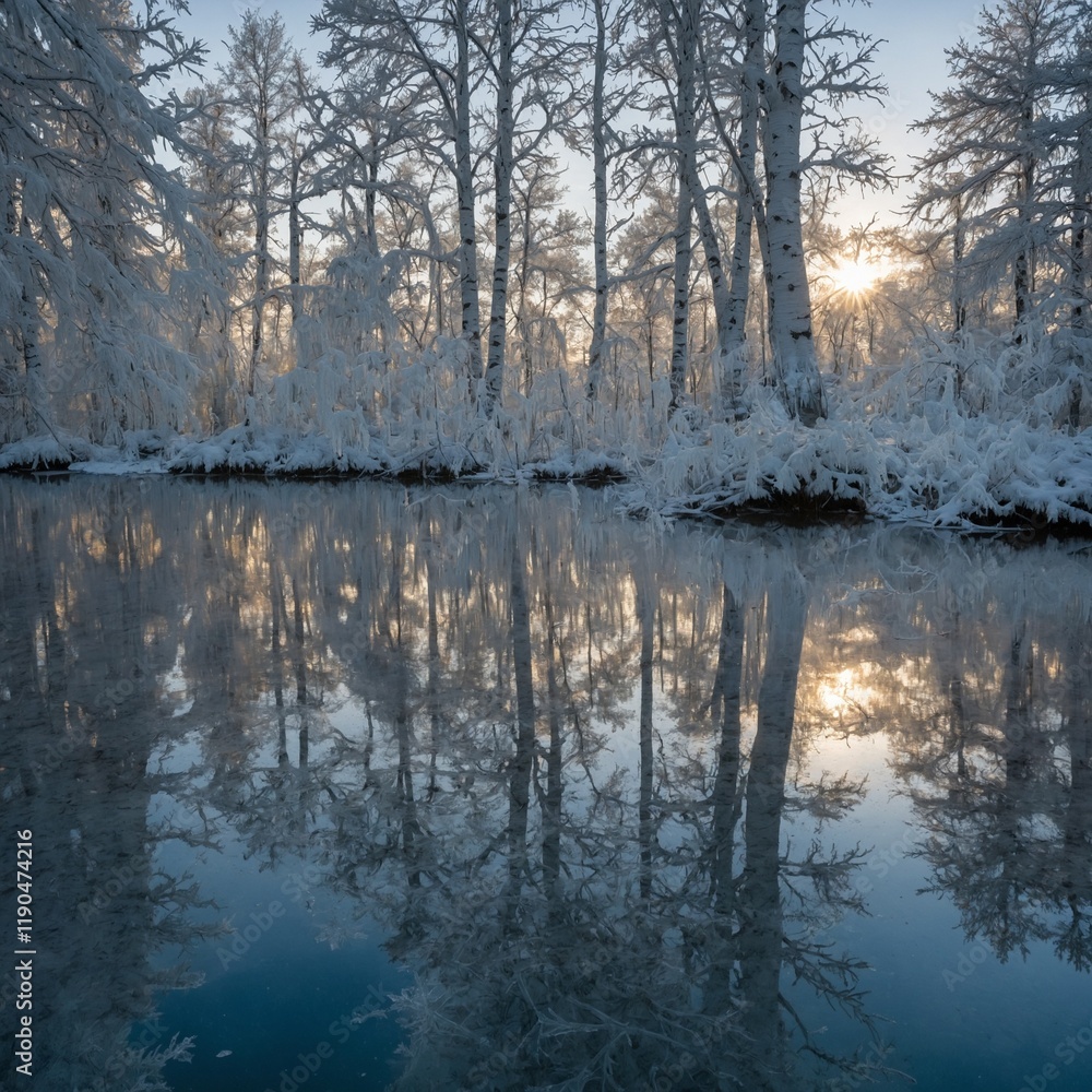 Fototapeta premium A cluster of white trees reflected perfectly in a still frozen lake.