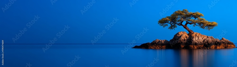 Solitude on the Azure: A lone tree stands tall and proud on a rocky islet in the vast expanse of a serene blue sea. Solitude on the Azure: A lone tree stands tall and proud on a rocky islet in the vast expanse of a serene blue sea.