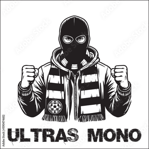 Black White illustration vector graphic of Football fans ultras hooligan wear white scarf design for logo, t-shirt, etc