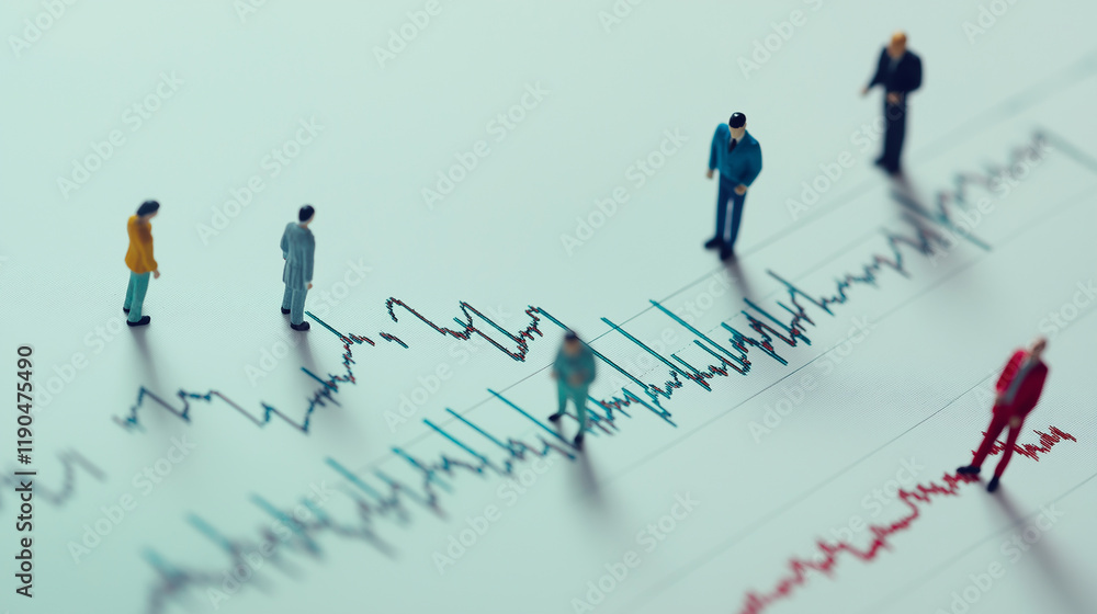 Mini figures of people standing on chart with falling stock prices Mini figures of people standing on chart with falling stock prices