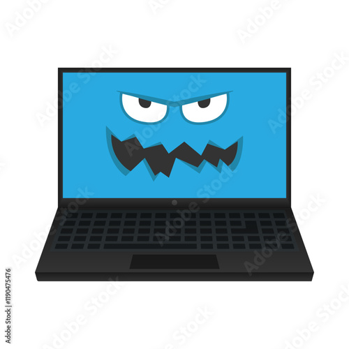 Angry virus on laptop screen. Vector illustration symbolizes a computer virus or malware, highlighting cybersecurity and digital safety themes